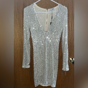 Fashion Nova Cream Bedazzle Dress